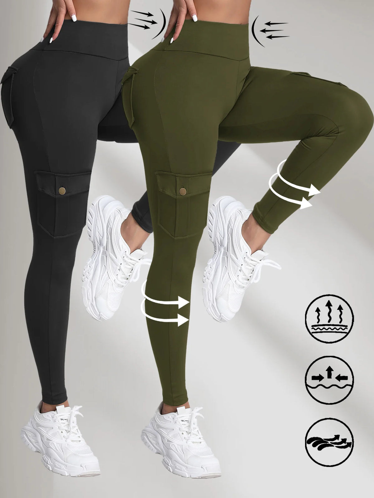 2PCS High Waist Lift Hip Pockets Woman Leggings Fitness Skinny Stretch Solid Color Sport Pants Daily Outdoors Running Leggings