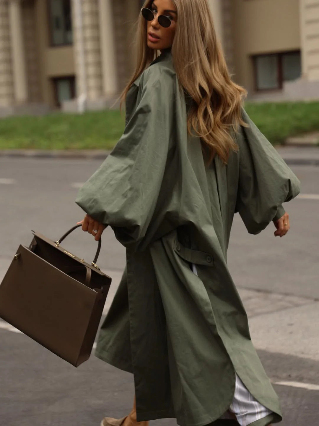 Women's Autumn Long Trench Coat Stand Collar Button Batwing Sleeves Side Slit Oversized Jacket Chic High Street Windproof Outfit