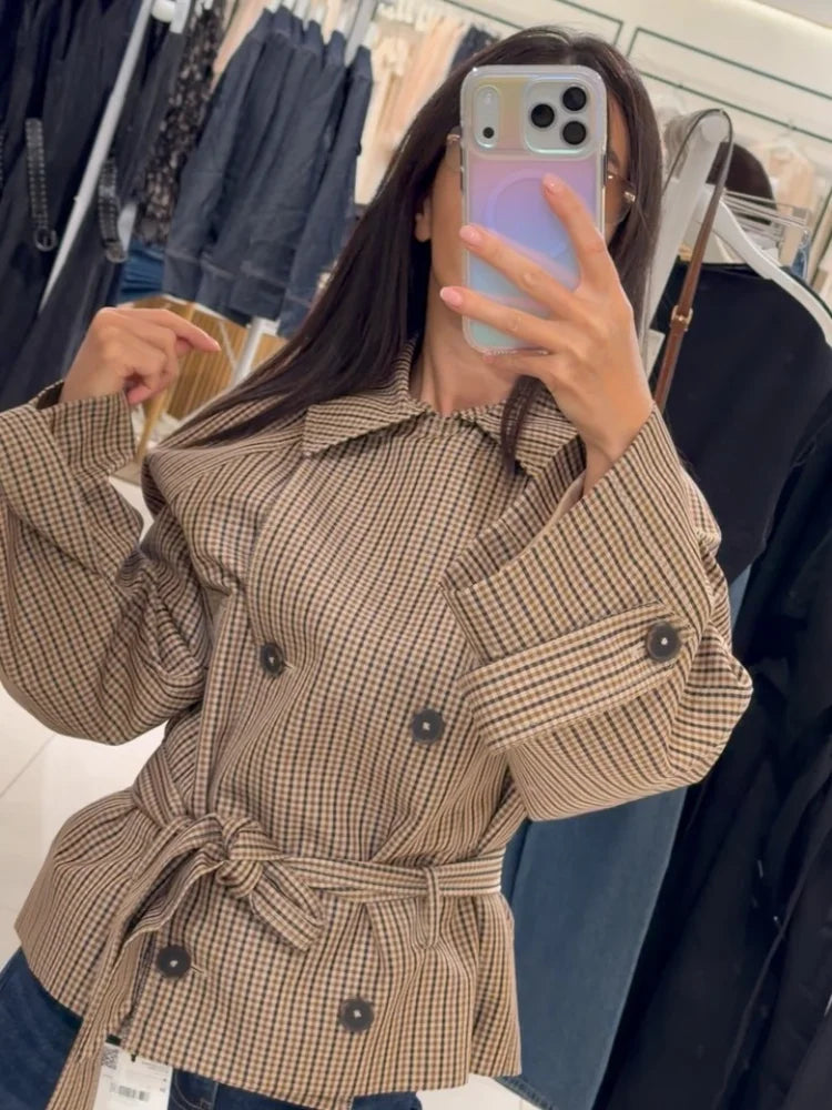 Women's Casual Plaid Short Trench Coat, Lapel, Double-Breasted, Belted Waist, Loose Long Sleeve Checkered Jacket, Autumn Windbreaker