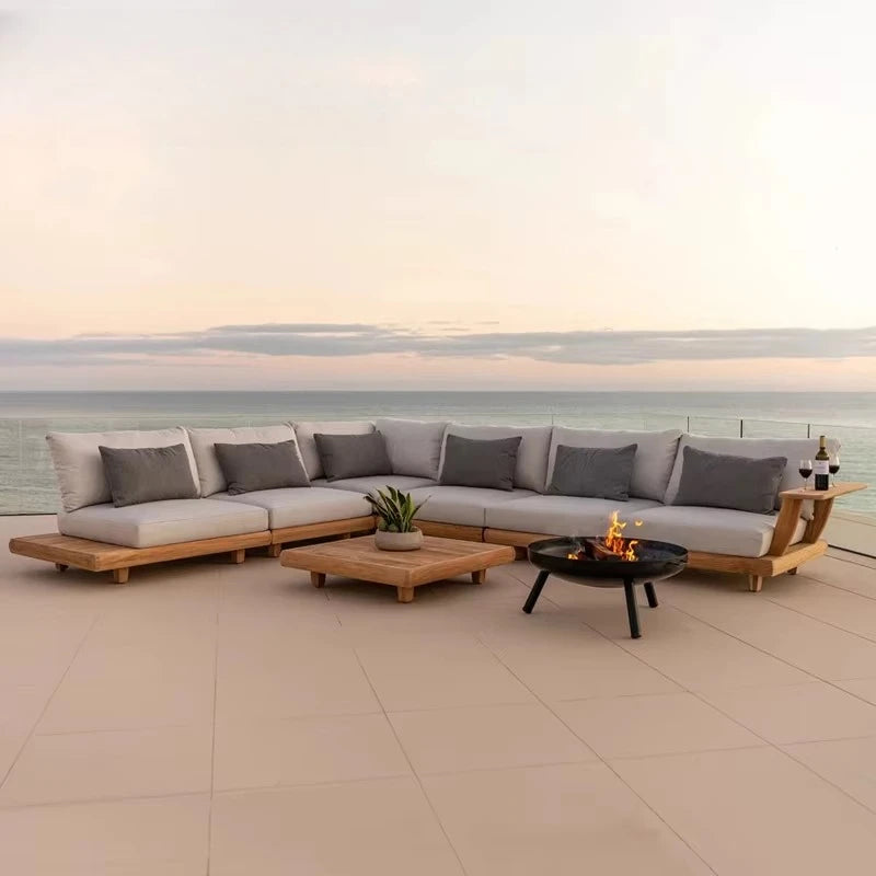 Stylish Outdoor Waterproof Teak Sofa Set Weather Resistant Solid Wood Furniture Ideal For Patio Villa Garden Outdoor Layout