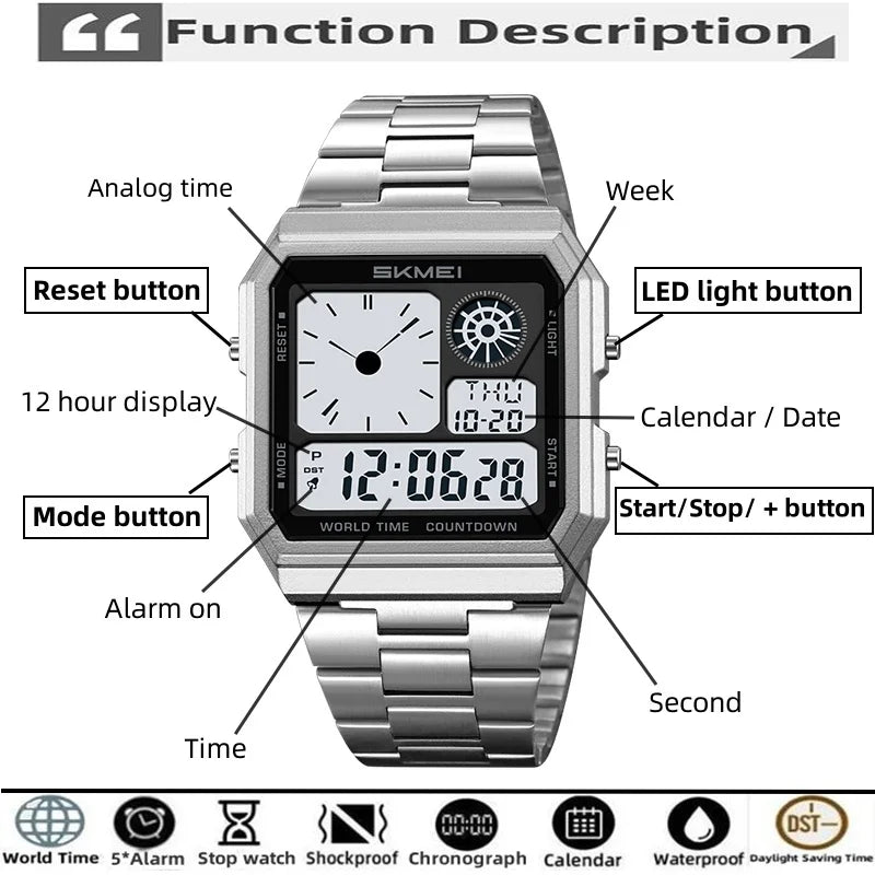 Skmei Electronics Sports Watches for Mens Classical Analog Digital Display Multiple Time Zone LED Waterproof Male 5 Alarm Clock