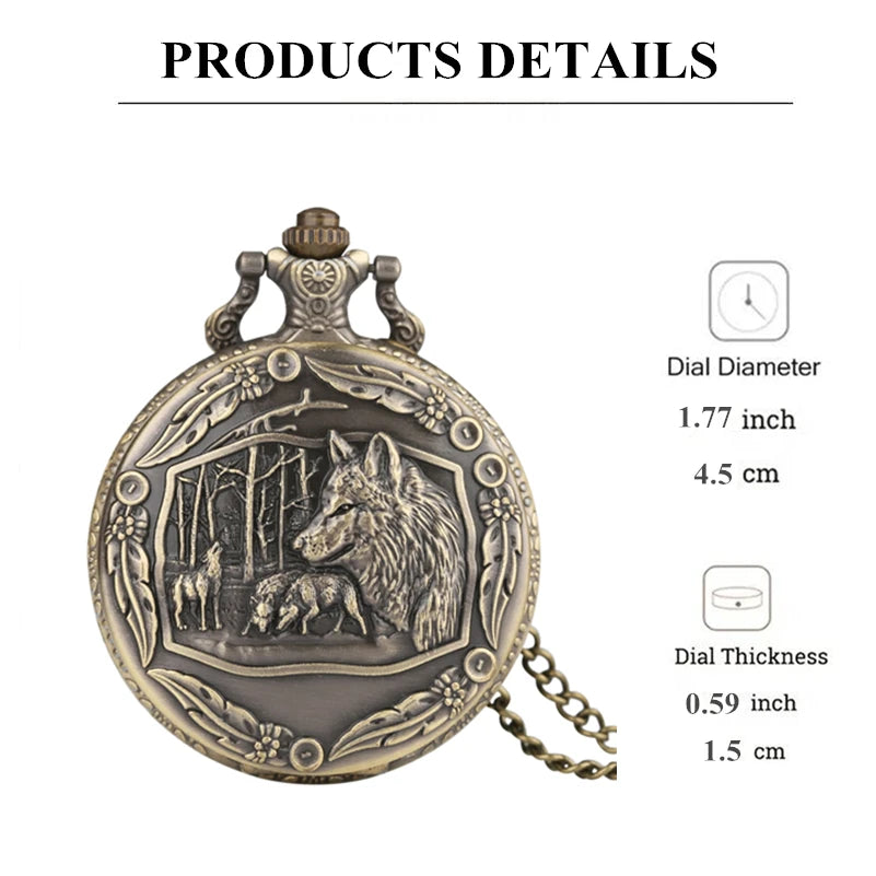 Vintage Bronze Wolf Animal Head Relief Quartz Pocket Watch with Necklace Chain Pendant Great Gift for Men's Kids Clock Watch