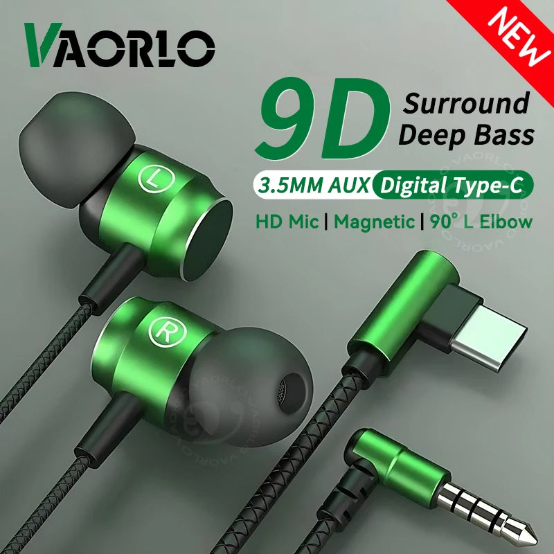 9D HIFI Heavy Bass Game Earphones 3.5MM AUX/Type-C 90° L Elbow Metal Magnetic Music Earbuds With Mic In-Ear Headsets For Android