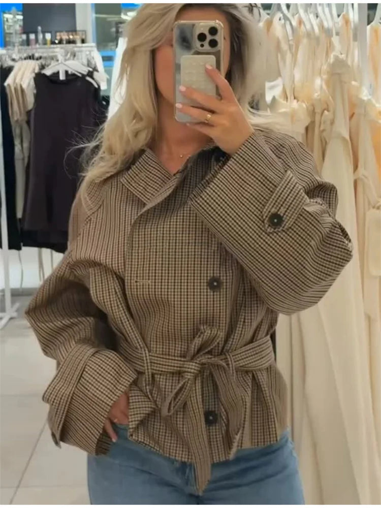 Women's Casual Plaid Short Trench Coat, Lapel, Double-Breasted, Belted Waist, Loose Long Sleeve Checkered Jacket, Autumn Windbreaker