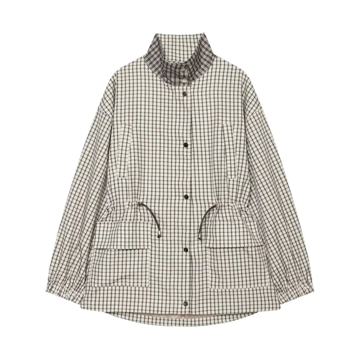Women's Casual Plaid Short Trench Coat, Lapel, Double-Breasted, Belted Waist, Loose Long Sleeve Checkered Jacket, Autumn Windbreaker