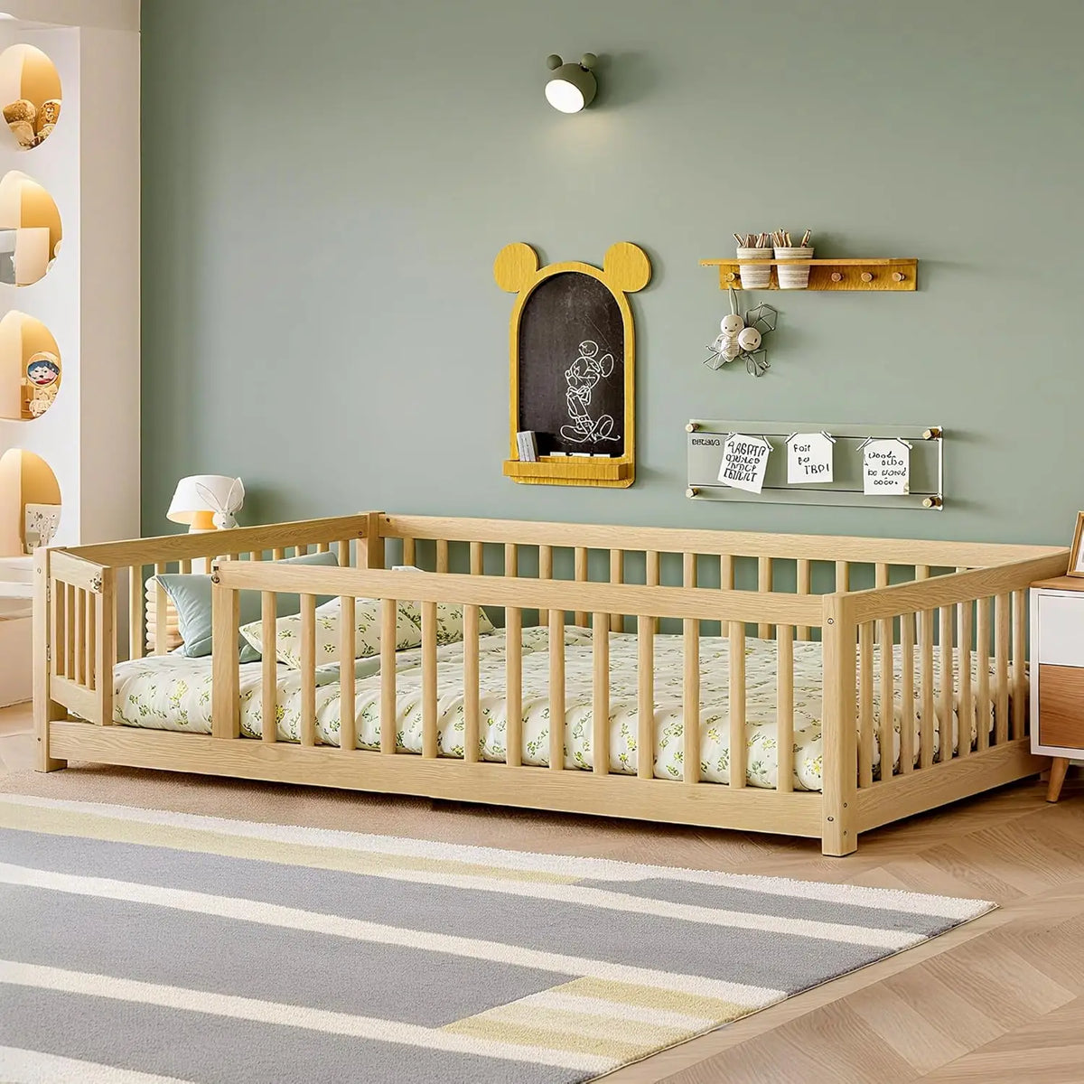 Full Size Montessori Floor Bed Frame with Rails & Door Solid Wood Kids Low Profile Sleep & Play Bed Natural, Customized
