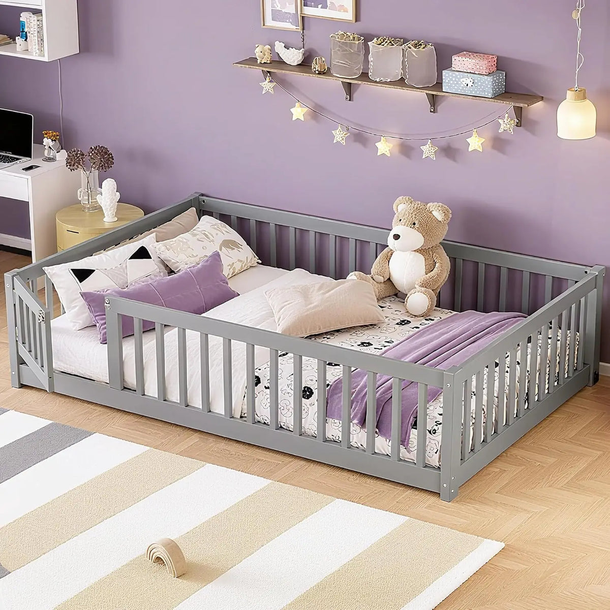 Full Size Montessori Floor Bed Frame with Rails & Door Solid Wood Kids Low Profile Sleep & Play Bed Natural, Customized