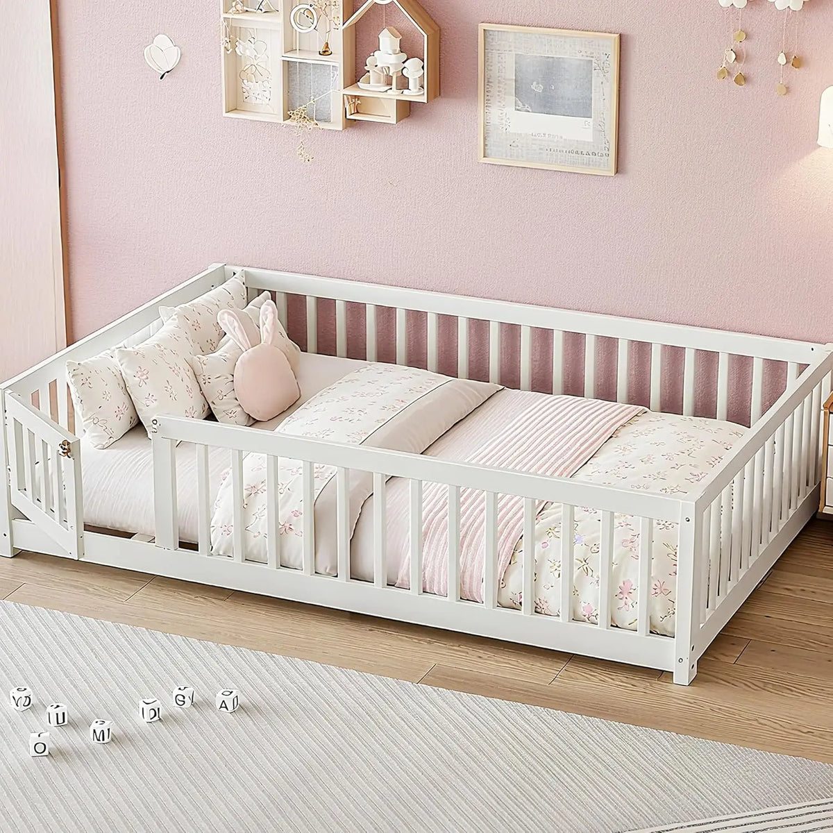 Full Size Montessori Floor Bed Frame with Rails & Door Solid Wood Kids Low Profile Sleep & Play Bed Natural, Customized