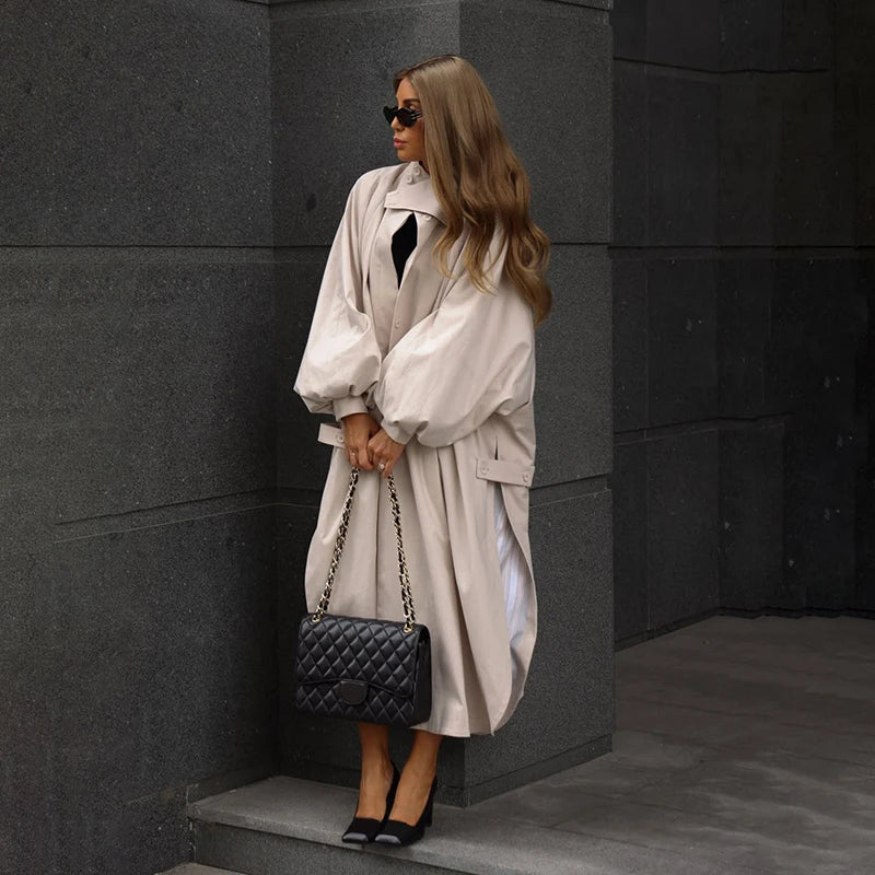 Women's Autumn Long Trench Coat Stand Collar Button Batwing Sleeves Side Slit Oversized Jacket Chic High Street Windproof Outfit