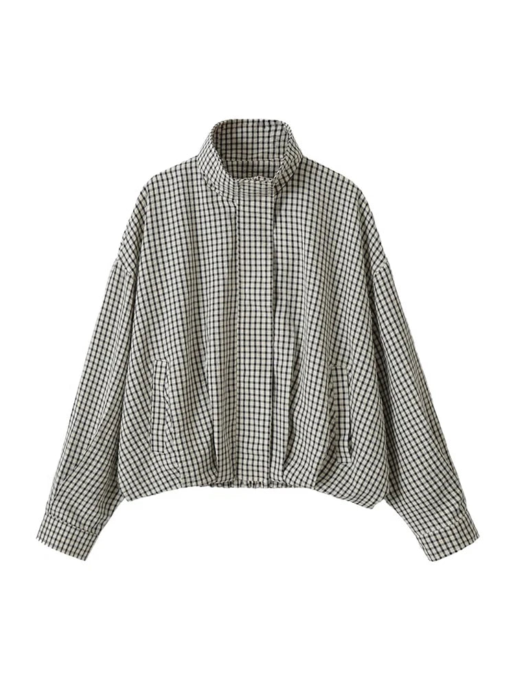 Women's Casual Plaid Short Trench Coat, Lapel, Double-Breasted, Belted Waist, Loose Long Sleeve Checkered Jacket, Autumn Windbreaker