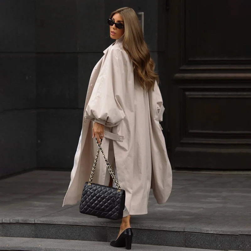 Women's Autumn Long Trench Coat Stand Collar Button Batwing Sleeves Side Slit Oversized Jacket Chic High Street Windproof Outfit