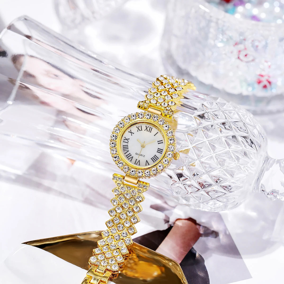6PCS Luxury Rhinestone Women Watches Fashion Roma Dial Bracelet Wrist Watch Jewelry Set Relogio Feminino（Without Box）