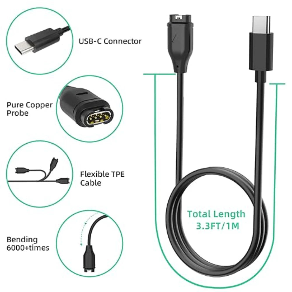 For Garmin Fenix 5 5S 5X Plus 6 6S 6X Pro 7 7S 7X Charger USB-C Charger Smartwatch Charger Cable Replacement Charger 3.3ft