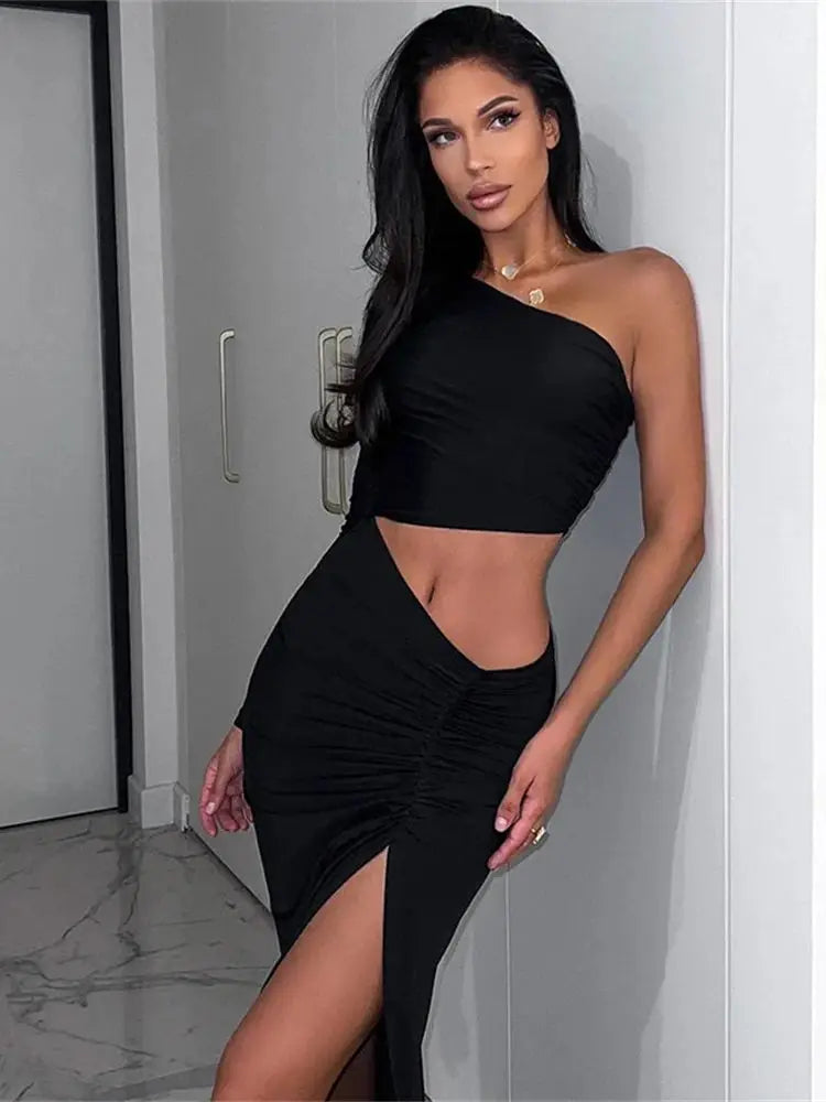CNYISHE One Shoulder Cut Out Split Ruched Maxi Dress for Women Elegant Party Prom Gown Dresses Woman Sexy Birthday Outfits Robes
