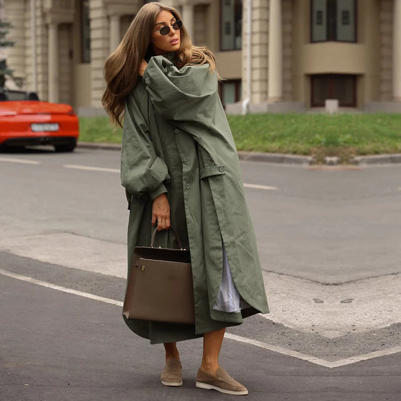 Women's Autumn Long Trench Coat Stand Collar Button Batwing Sleeves Side Slit Oversized Jacket Chic High Street Windproof Outfit