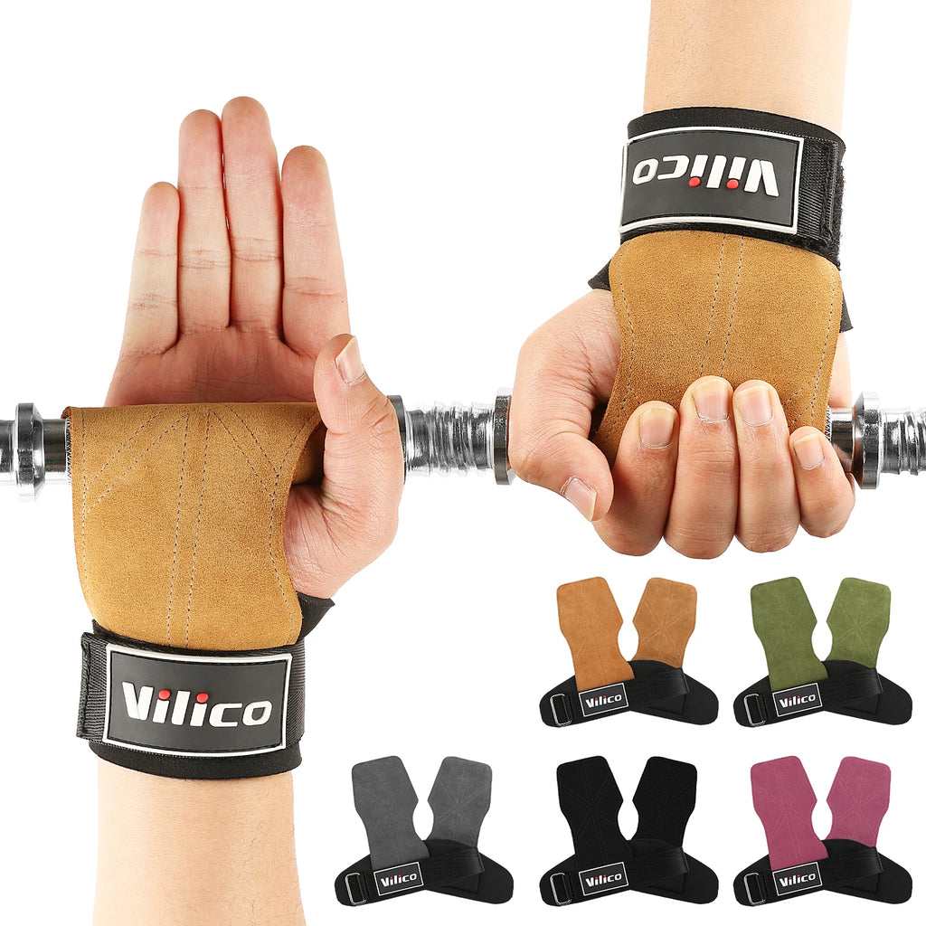 2Pcs Cowhide Gym Gloves Grips Anti-Skid Weight Power Booster Belt Lifting Pull-up Deadlift Workout Fitness Palm Training Guards