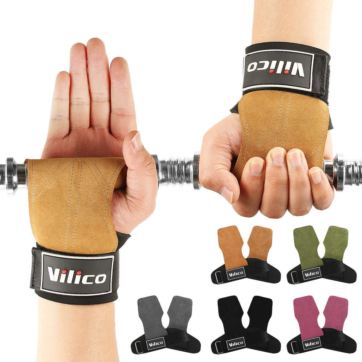 2Pcs Cowhide Gym Gloves Grips Anti-Skid Weight Power Booster Belt Lifting Pull-up Deadlift Workout Fitness Palm Training Guards