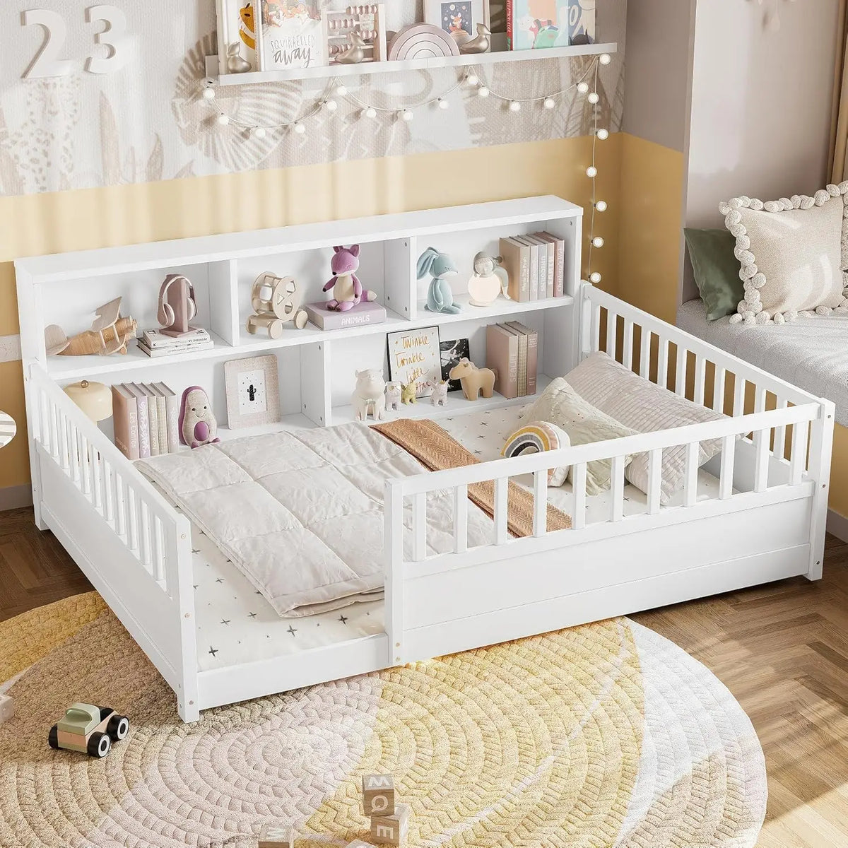 Full Size Montessori Floor Bed Frame with Rails & Door Solid Wood Kids Low Profile Sleep & Play Bed Natural, Customized