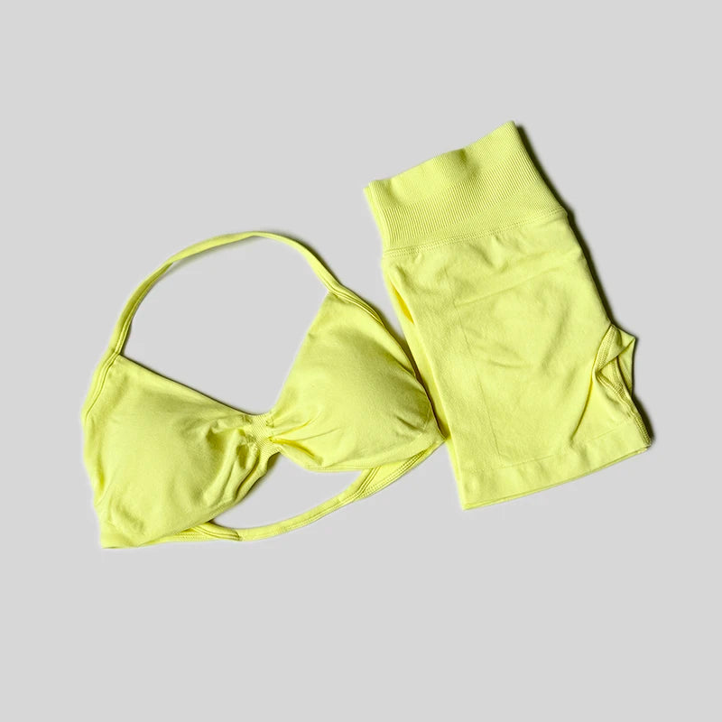 WAREBALL Gym Set Women 2 Piece Sets Halter Neck Tank Tops High Waist Scrunch Seamless Shorts Sport Suit Sportswear Workout Set