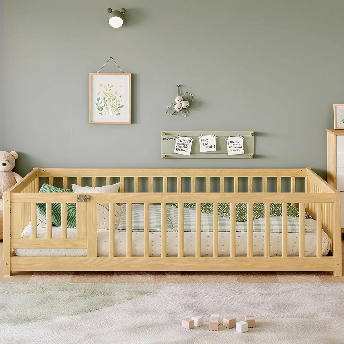 Full Size Montessori Floor Bed Frame with Rails & Door Solid Wood Kids Low Profile Sleep & Play Bed Natural, Customized