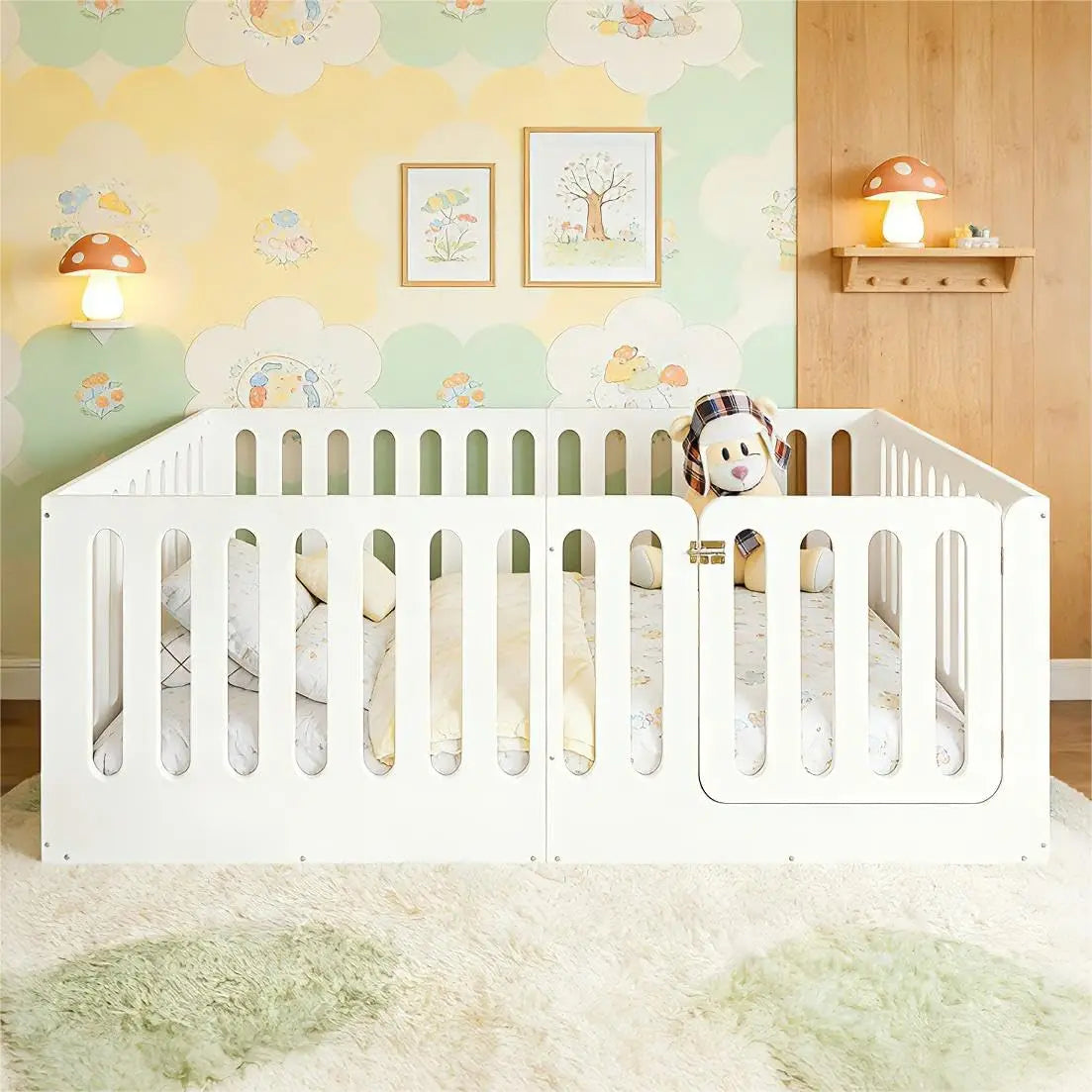 Full Size Montessori Floor Bed Frame with Rails & Door Solid Wood Kids Low Profile Sleep & Play Bed Natural, Customized