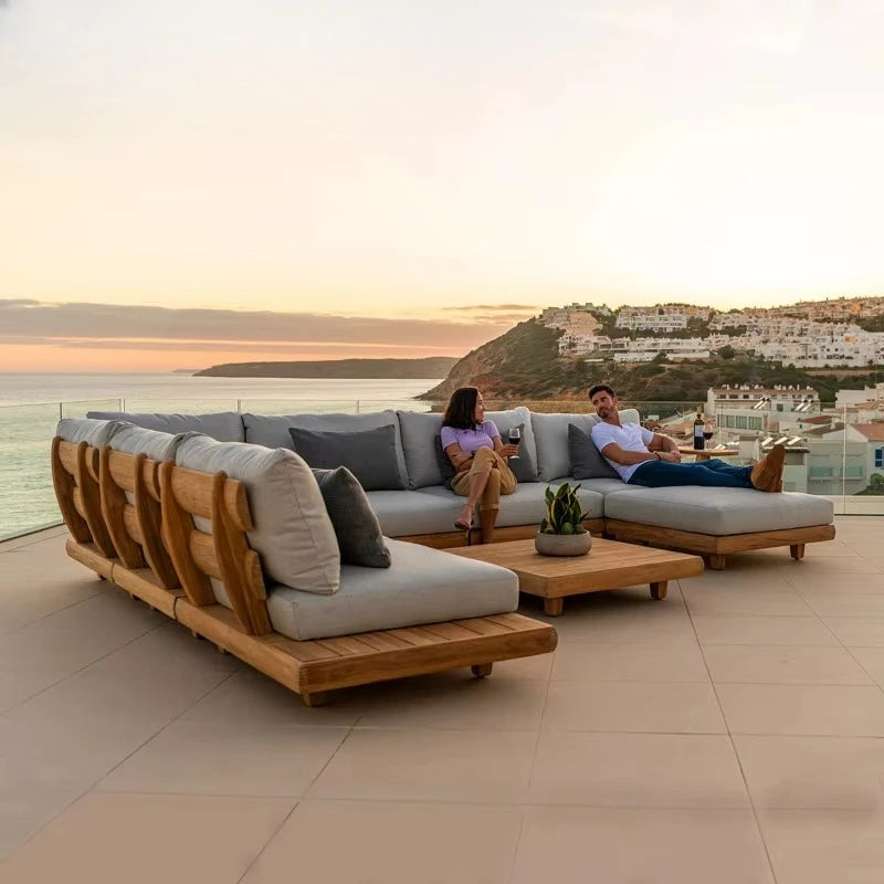 Stylish Outdoor Waterproof Teak Sofa Set Weather Resistant Solid Wood Furniture Ideal For Patio Villa Garden Outdoor Layout