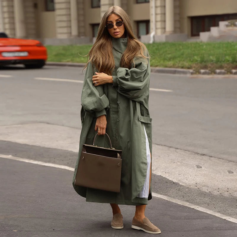 Women's Autumn Long Trench Coat Stand Collar Button Batwing Sleeves Side Slit Oversized Jacket Chic High Street Windproof Outfit