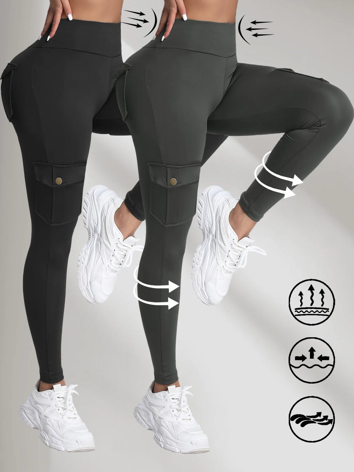 2PCS High Waist Lift Hip Pockets Woman Leggings Fitness Skinny Stretch Solid Color Sport Pants Daily Outdoors Running Leggings