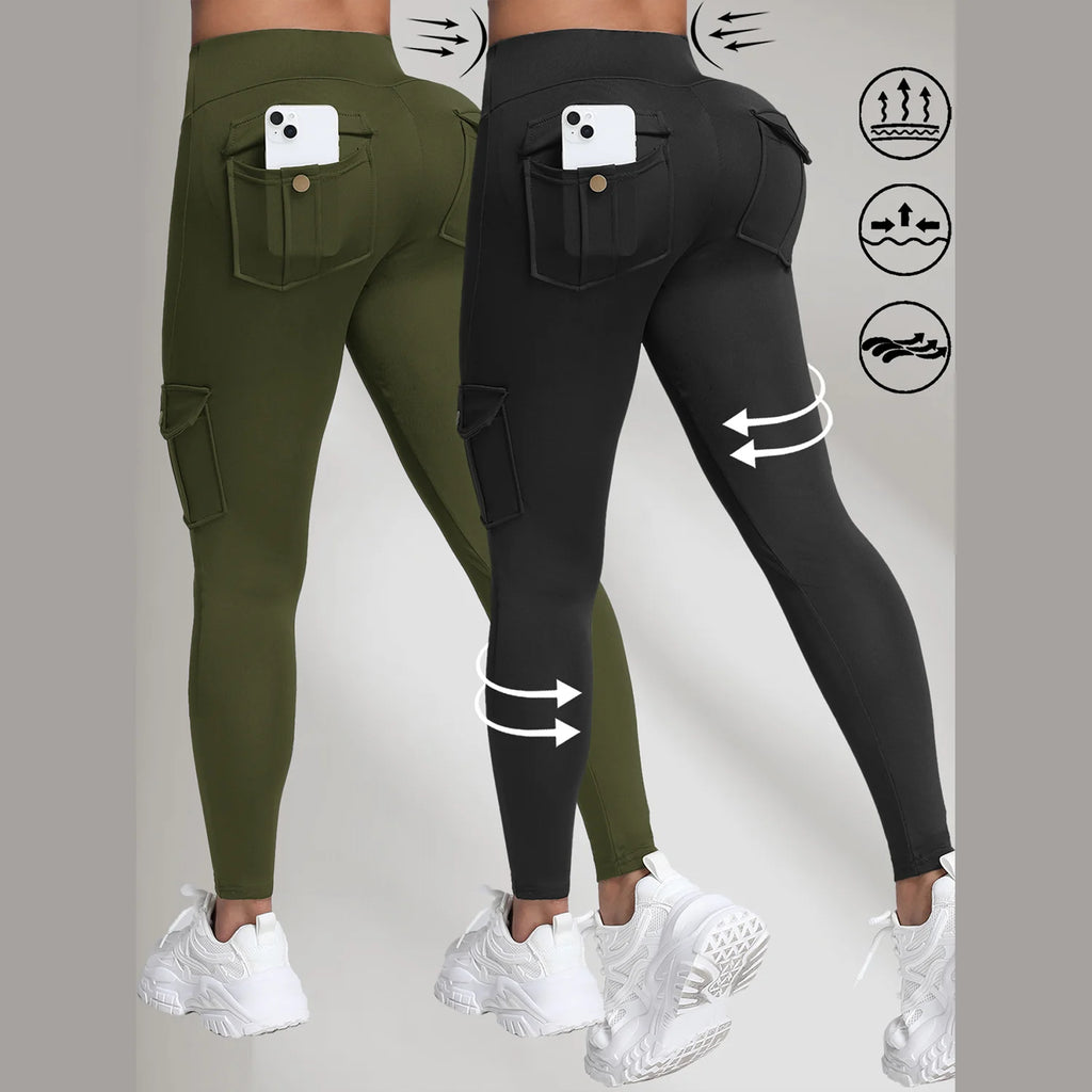 2PCS High Waist Lift Hip Pockets Woman Leggings Fitness Skinny Stretch Solid Color Sport Pants Daily Outdoors Running Leggings