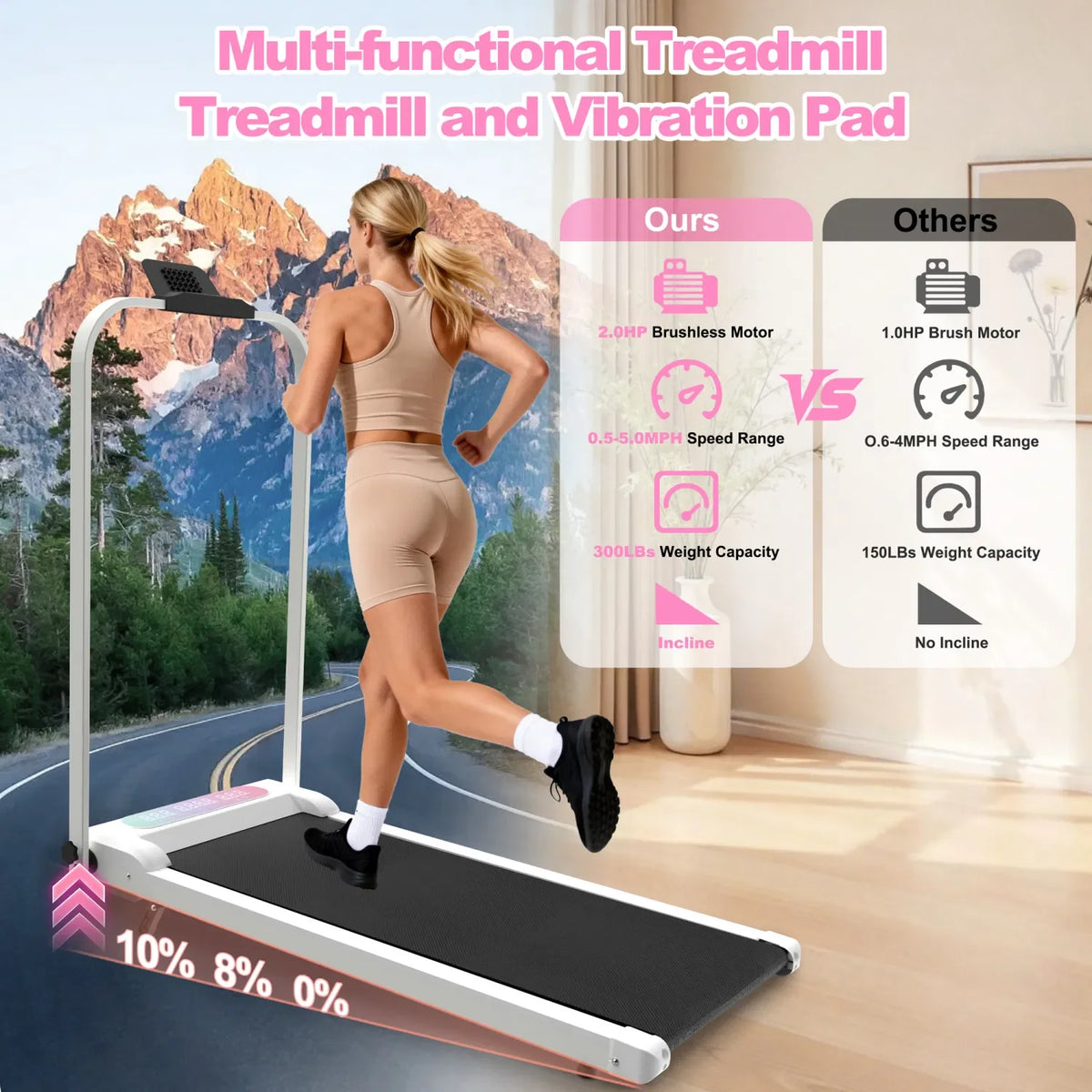 Foldable Treadmill with Handle Bar & Incline, 2 in 1 Upgrade Portable Under Desk Walking Pad and Vibration Pad Remote Control