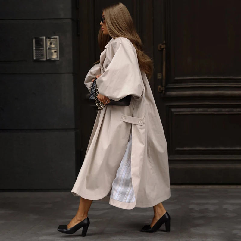 Women's Autumn Long Trench Coat Stand Collar Button Batwing Sleeves Side Slit Oversized Jacket Chic High Street Windproof Outfit