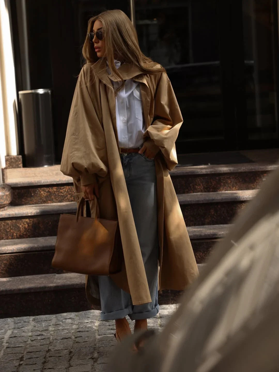 Women's Autumn Long Trench Coat Stand Collar Button Batwing Sleeves Side Slit Oversized Jacket Chic High Street Windproof Outfit