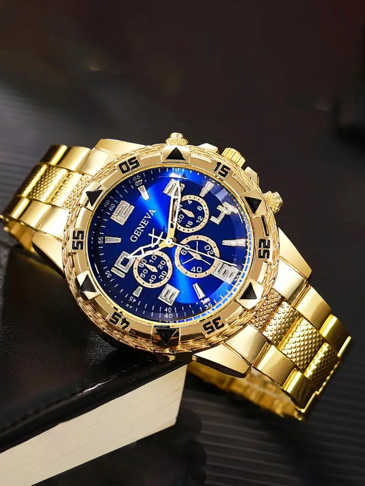 Gold alloy men's business steel bracelet quartz watch and chain bracelet necklace ring set - a birthday gift for him